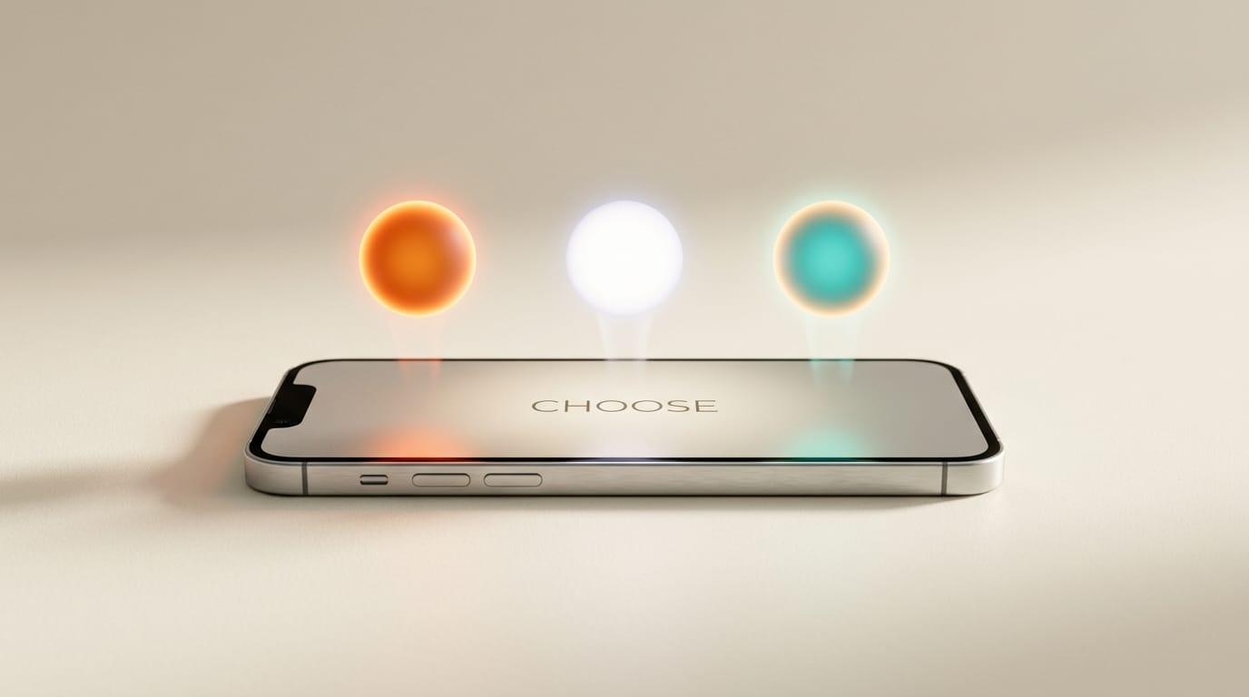 Smartphone with three glowing orbs representing multiple AI assistant choices on iOS