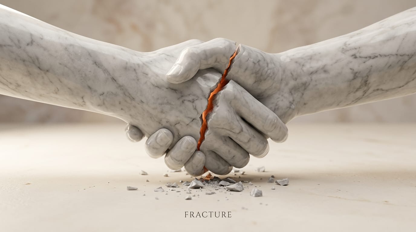 Cracked marble handshake sculpture representing the OpenAI-Apple partnership fracturing