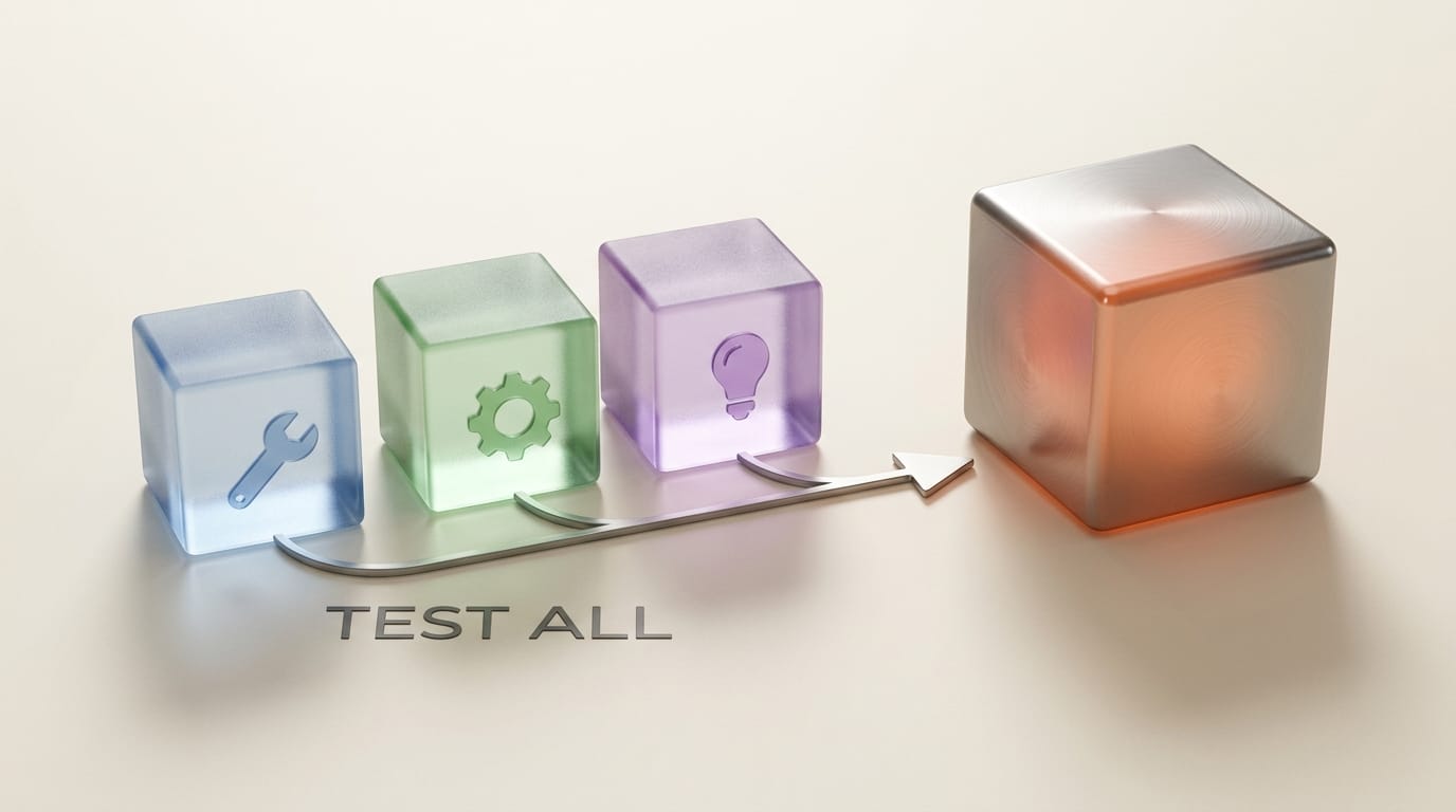 Three frosted glass app cubes pointing to a single output cube representing testing multiple AI tools