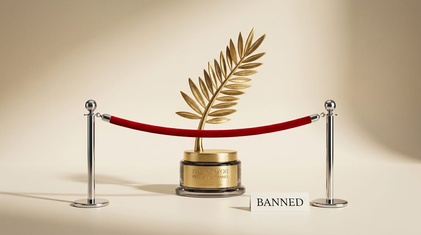 Golden Palme d Or trophy behind red velvet rope barrier representing Cannes AI film ban