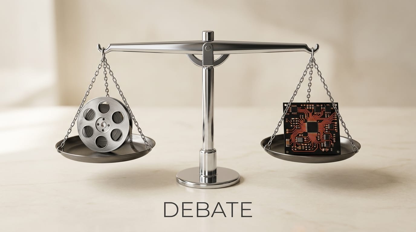 Balance scale with film reel and circuit board representing the film versus AI debate
