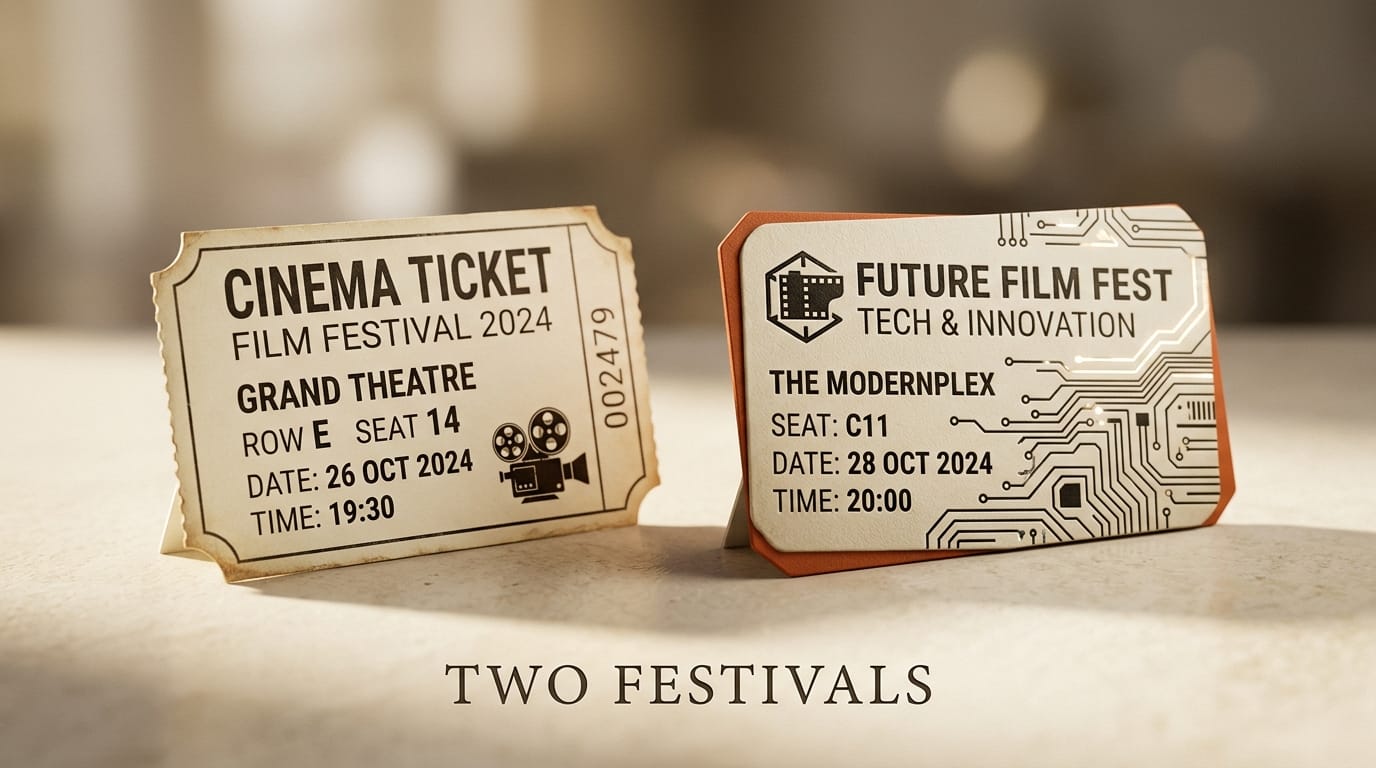 Two cinema tickets side by side, traditional and digital, representing parallel film festivals