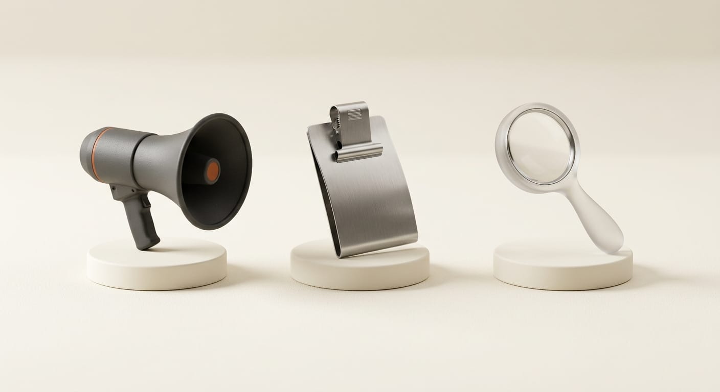 Three AI fluency dimensions: Delegation megaphone, Description clipboard, Discernment magnifying glass