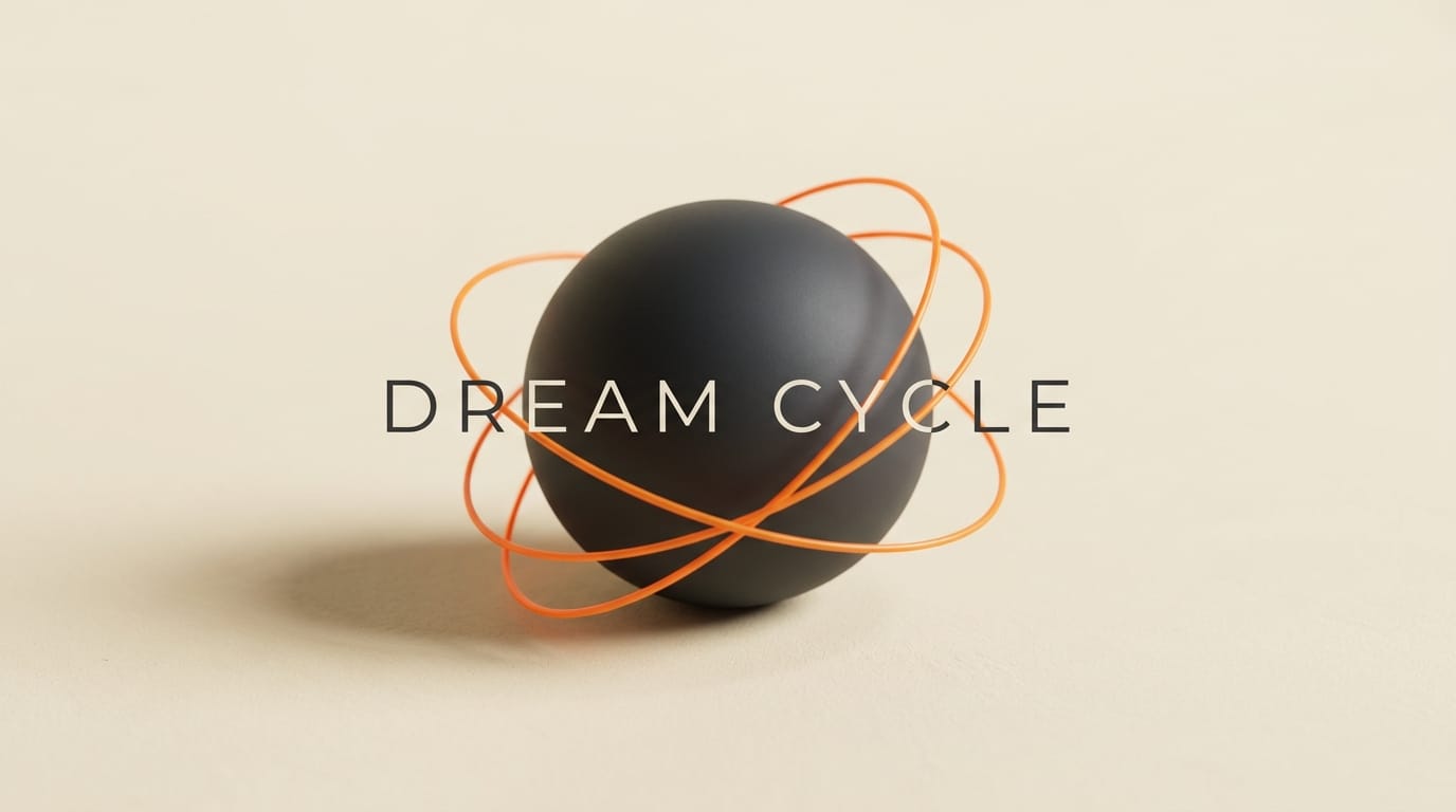 Charcoal sphere with three orange ring orbits illustrating Claude's dream-learning cycle.