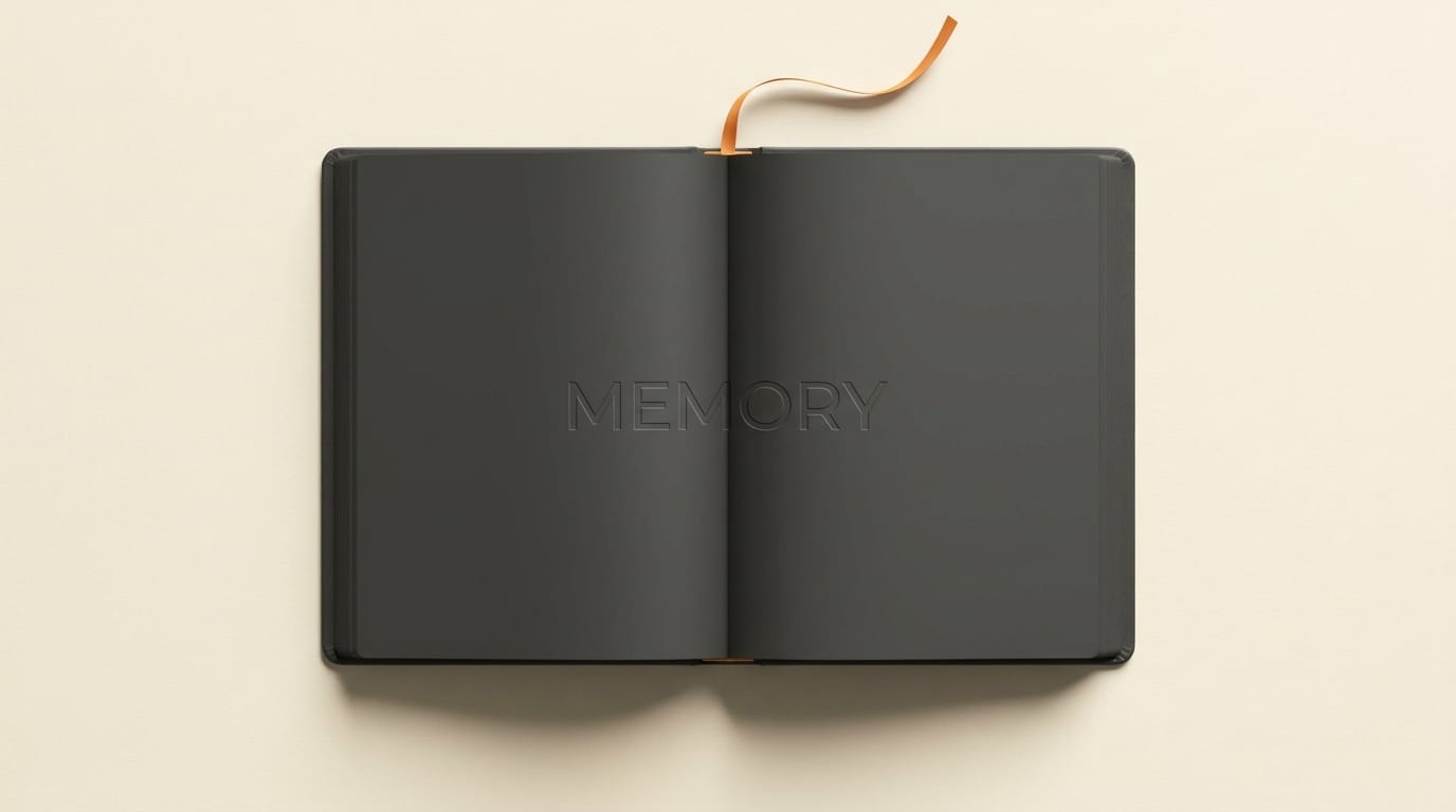 Open notebook with an orange ribbon bookmark representing persistent agent memory.
