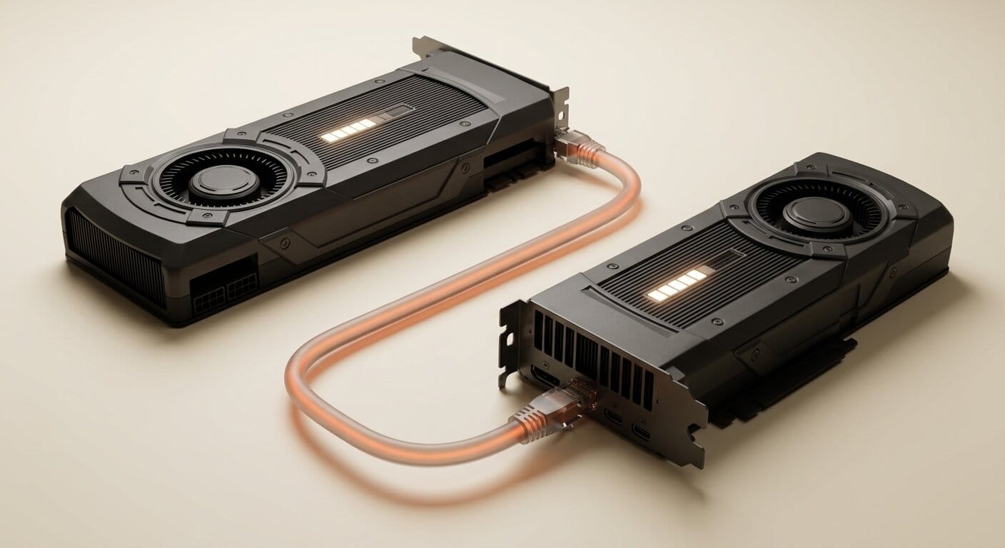 Two GPUs connected by ethernet cable for tensor parallelism