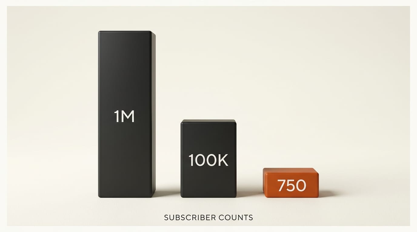 Three bars 1M / 100K / 750: subscriber-count comparison