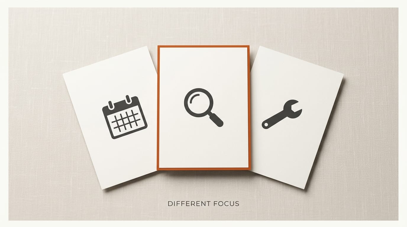 Three editorial cards with calendar magnifying-glass and wrench icons: different newsletter formats