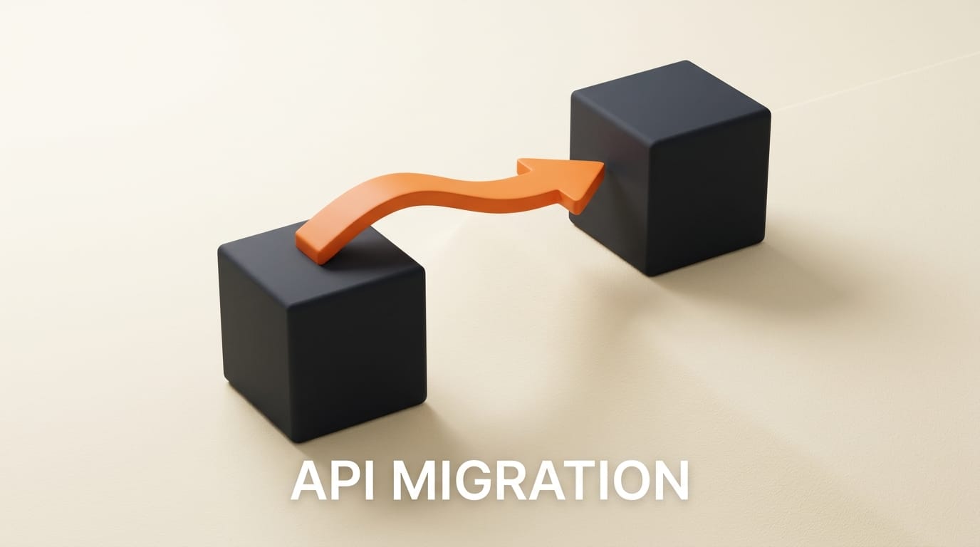 Two charcoal cubes connected by an orange arrow representing the API migration.
