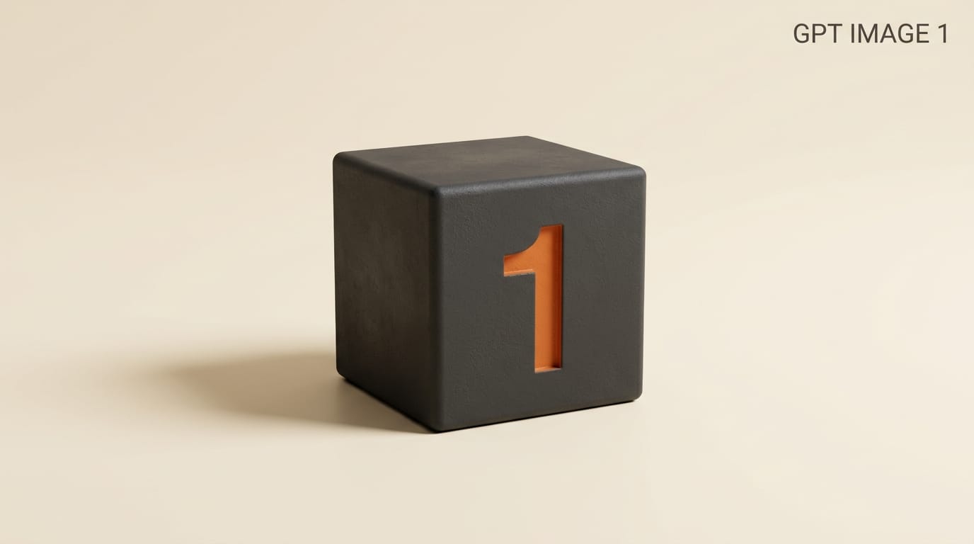 Charcoal cube with an embossed orange numeral 1 representing GPT Image 1.
