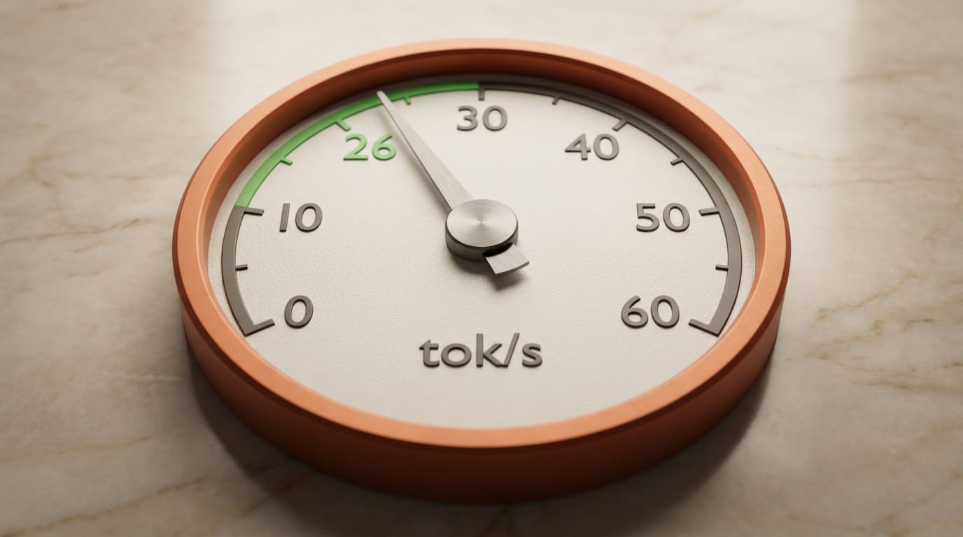 Speedometer dial showing 26 tokens per second