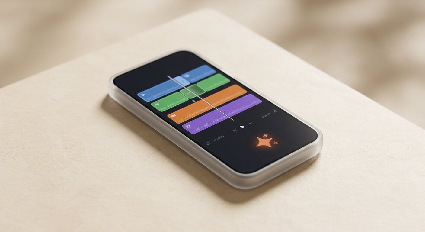 Smartphone with video editing timeline and AI sparkle for Google Flow