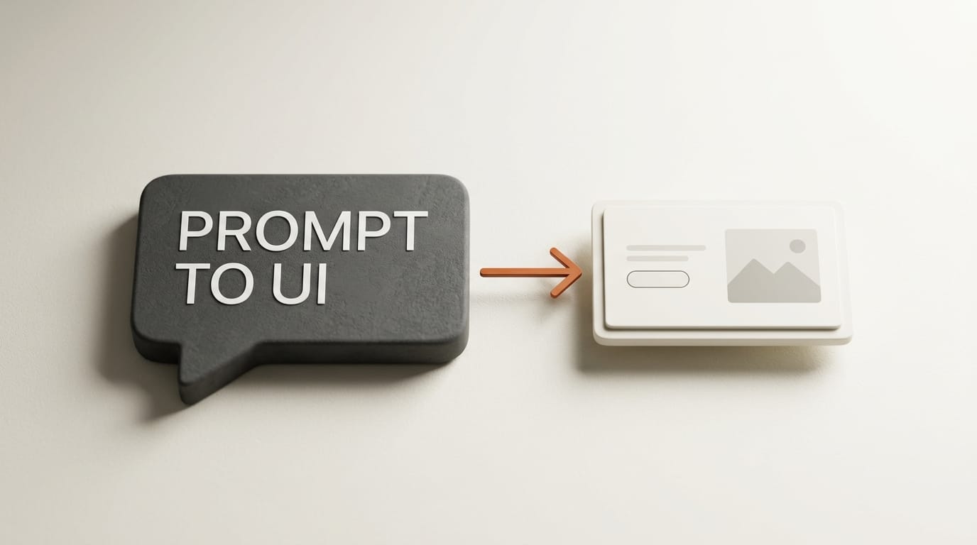 Charcoal speech bubble labeled PROMPT TO UI with orange arrow pointing to a small UI screen card