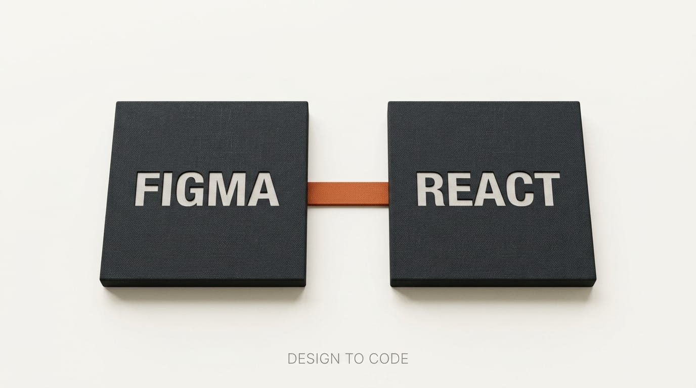 Two charcoal canvas tiles labeled FIGMA and REACT connected by an orange bridge: design-to-code handoff