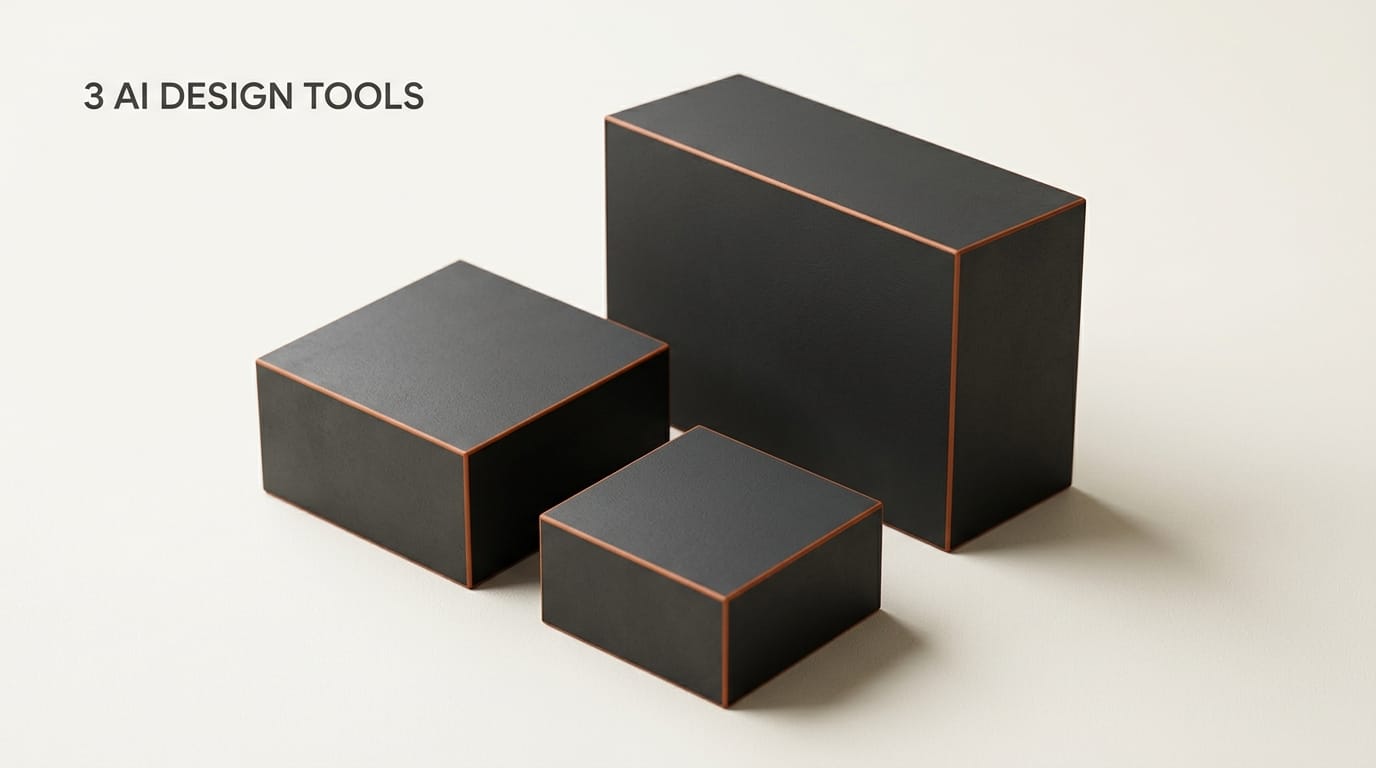 Three charcoal blocks of different sizes with orange edges arranged in a triangle: 3 AI design tools compared