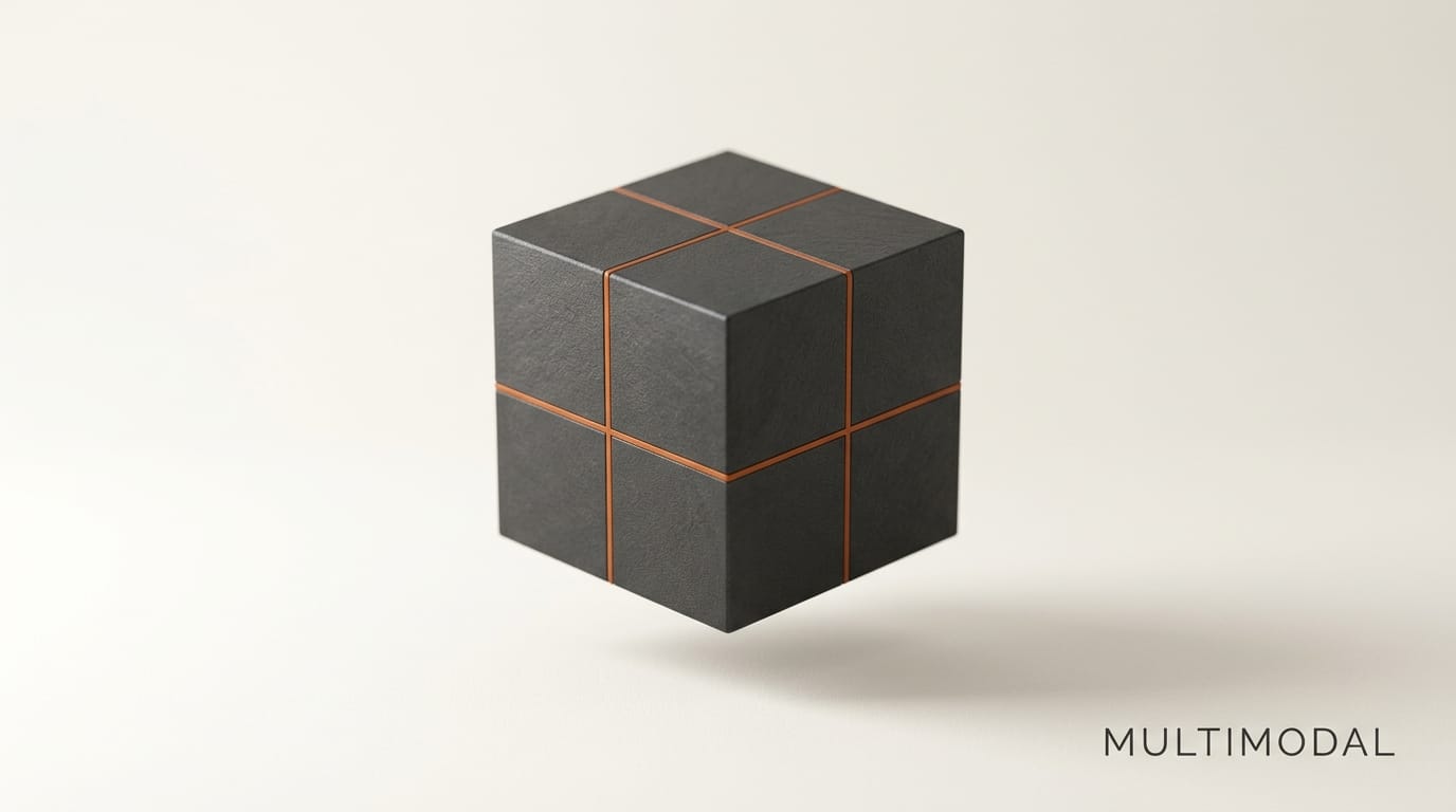 Charcoal cube divided into four quadrants with orange dividers floating on ivory surface: multimodal text image video audio
