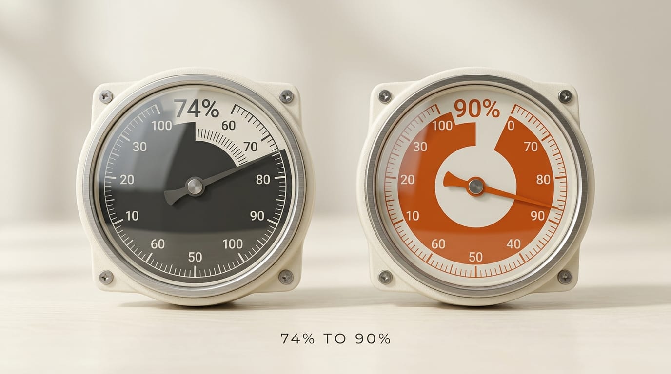 Two analog dial gauges side by side: charcoal gauge at 74 percent next to orange gauge at 90 percent: accuracy improvement
