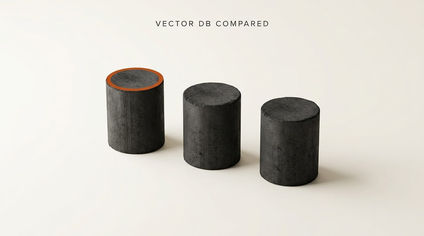 Three charcoal cylinders on ivory surface with orange ring on the leftmost: vector database options compared