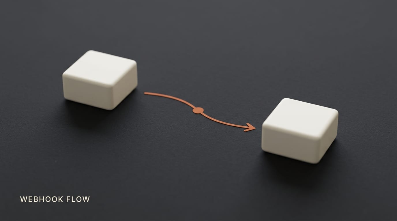 Two ivory cubes connected by an orange curving arrow with dot midway on charcoal surface: webhook event flow