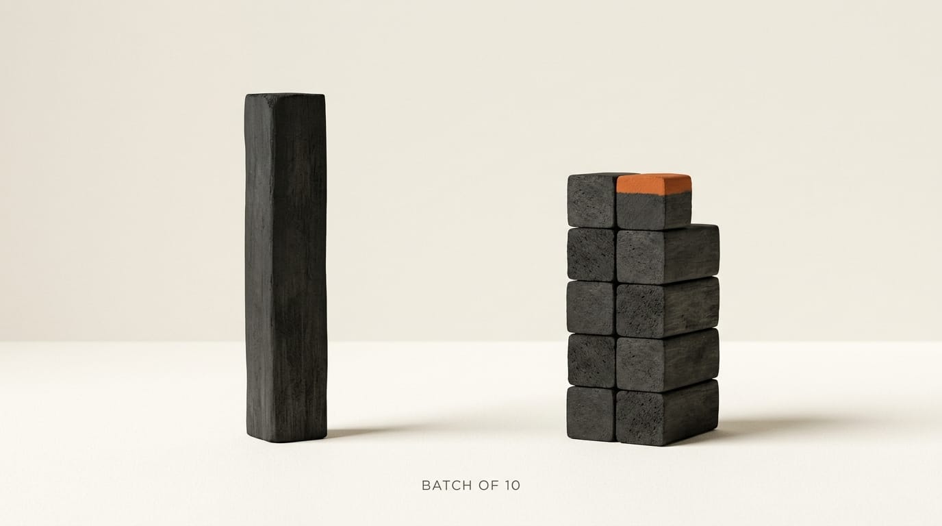 Single tall charcoal bar next to a stacked group of ten small charcoal blocks with orange tip on top: batch generation of 10