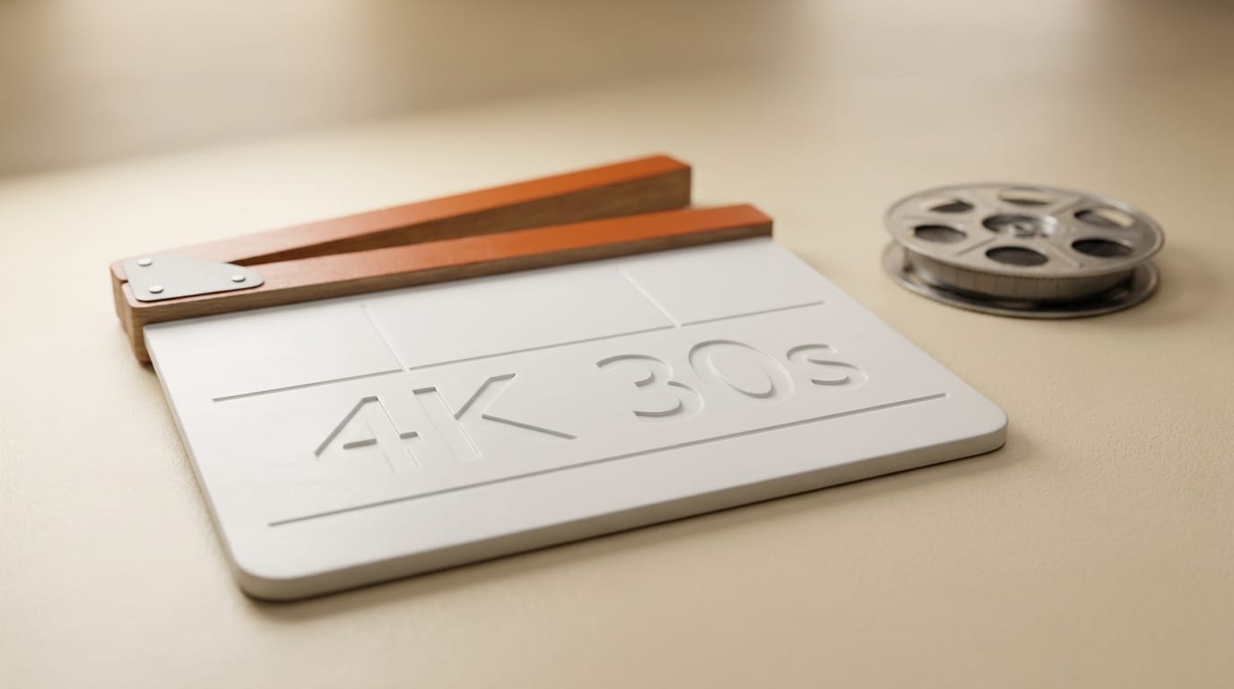 Film clapperboard with 4K and 30s showing Veo 4 video capabilities