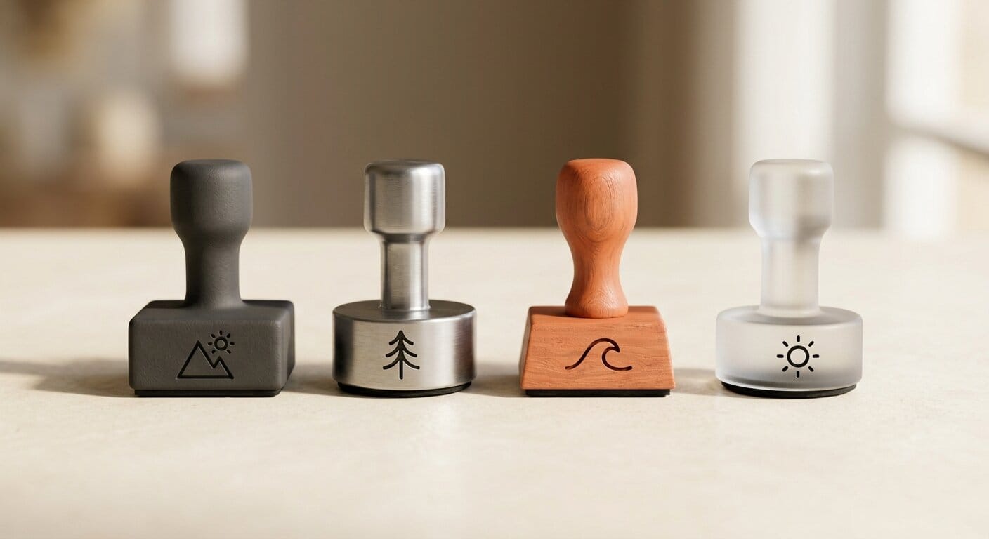 Four rubber stamps representing Hallmark design skill verbs