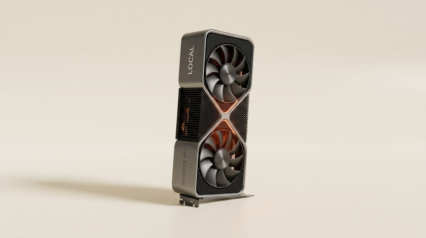 NVIDIA RTX graphics card with orange glow on ivory surface representing local GPU inference