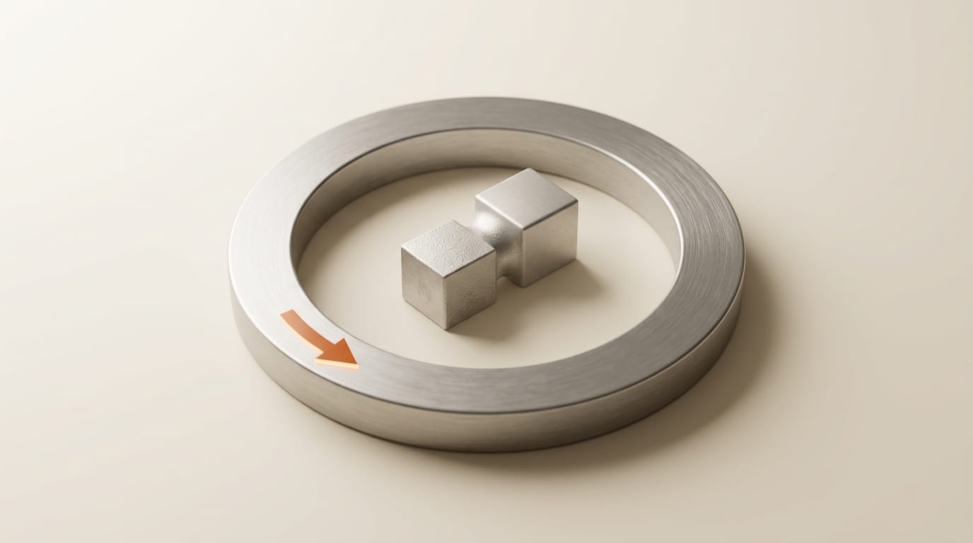 Self-improving loop: 3D metal circular arrow with cube transforming into refined version