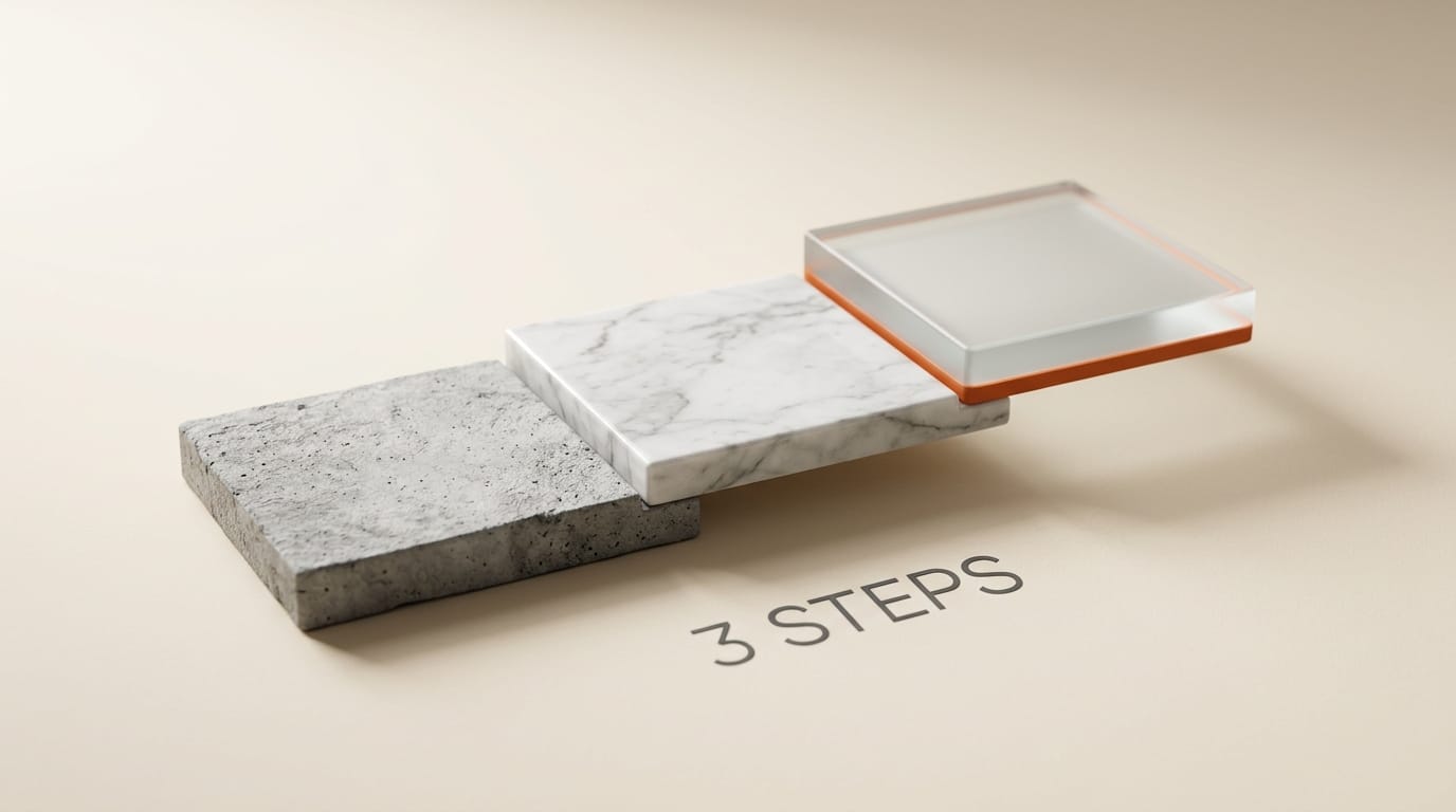 Three stepping stones from concrete to marble to frosted glass representing multi-step workflow progression