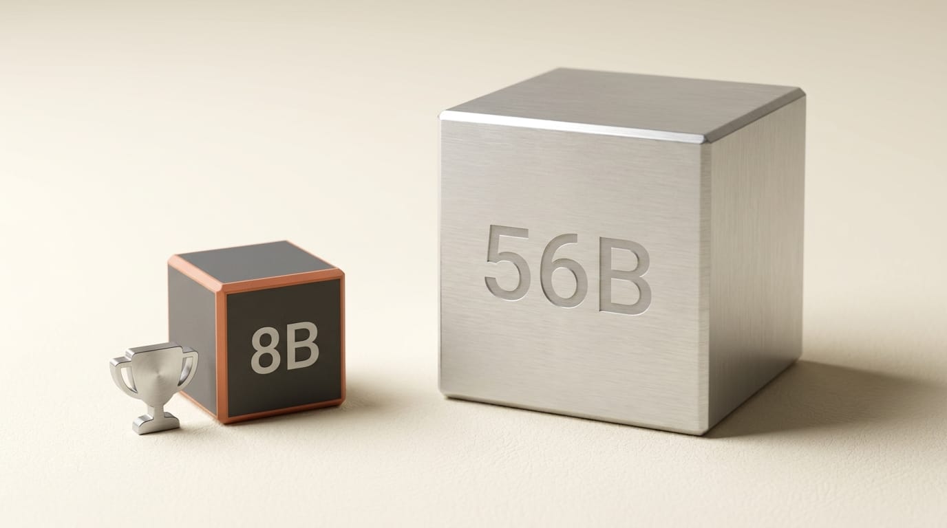 Small 8B cube with trophy next to large 56B cube
