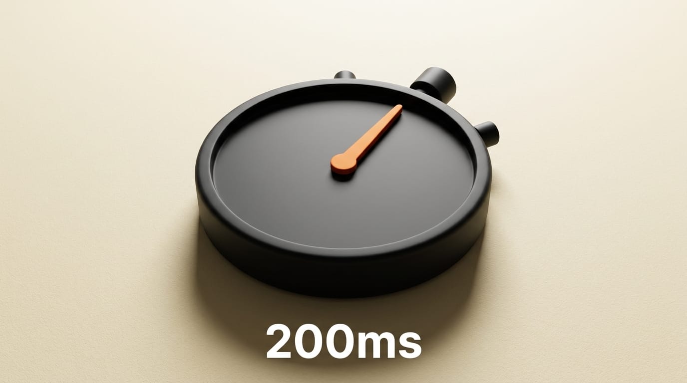 Charcoal stopwatch with an orange hand pointing just past start, illustrating sub-200 millisecond TTS latency.