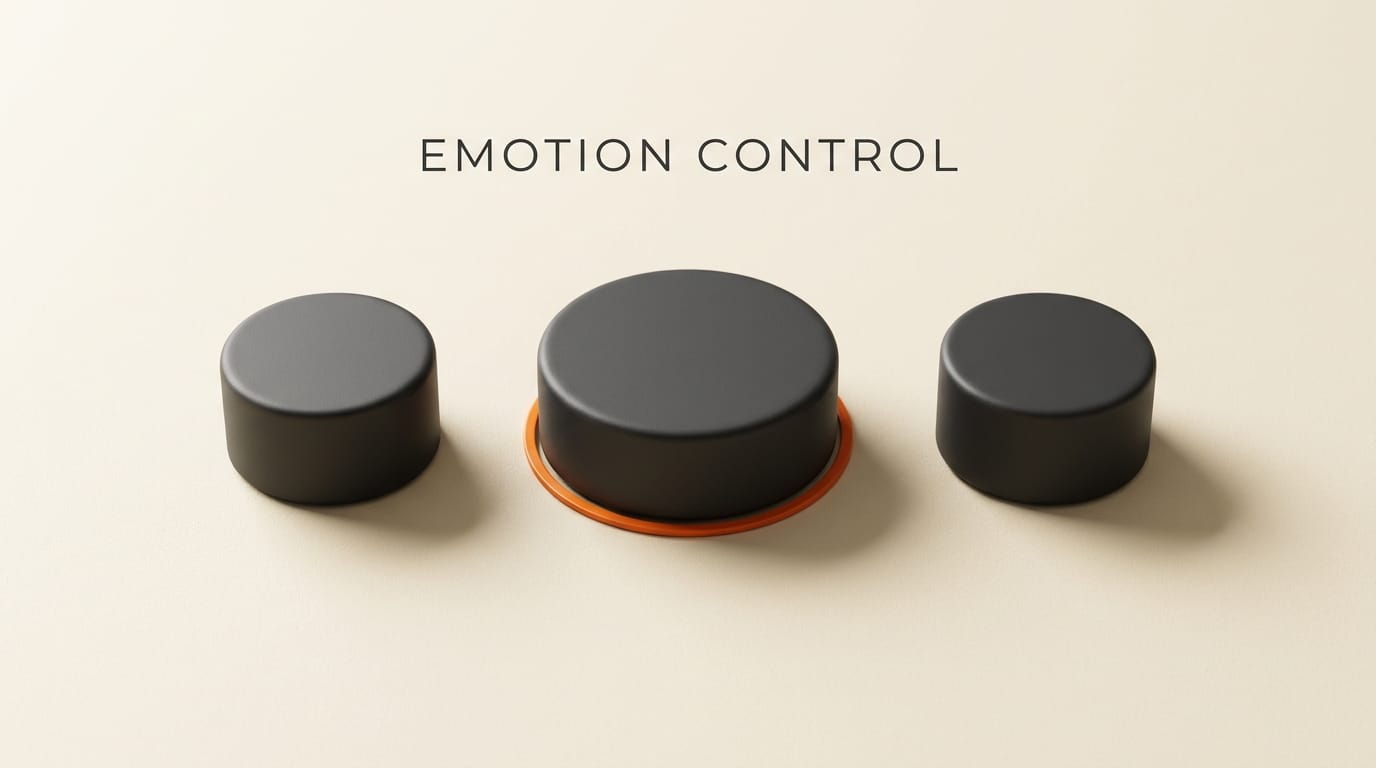 Three charcoal dial knobs in a row, the middle ringed in orange, representing emotion-control parameters.