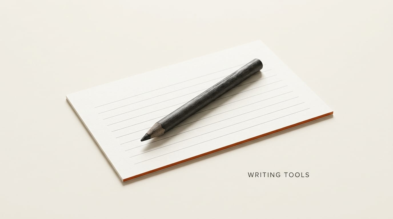 Apple Intelligence Writing Tools illustrated as a charcoal pencil resting on lined ivory paper card with brand-orange edge.
