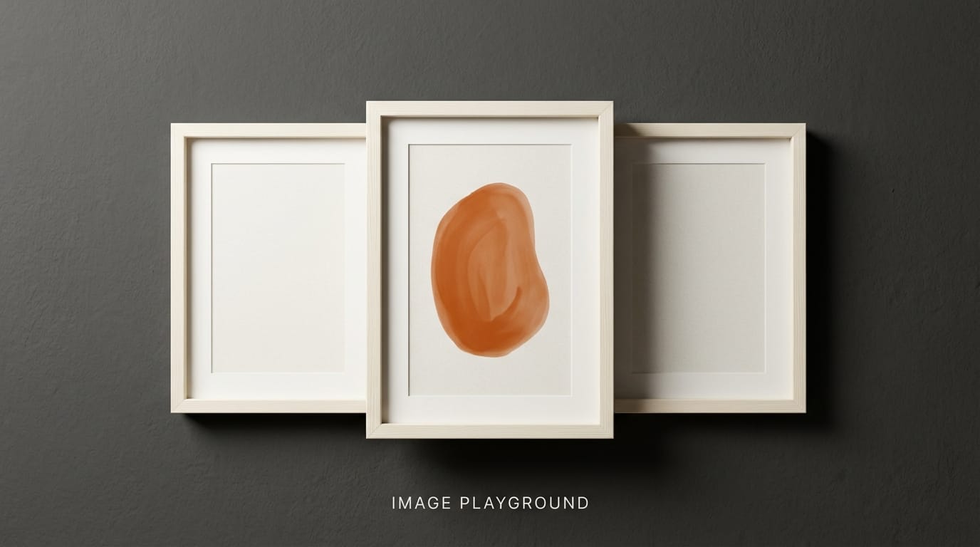 Image Playground illustrated as three ivory frames on a charcoal wall, the middle frame holding an orange abstract painting.