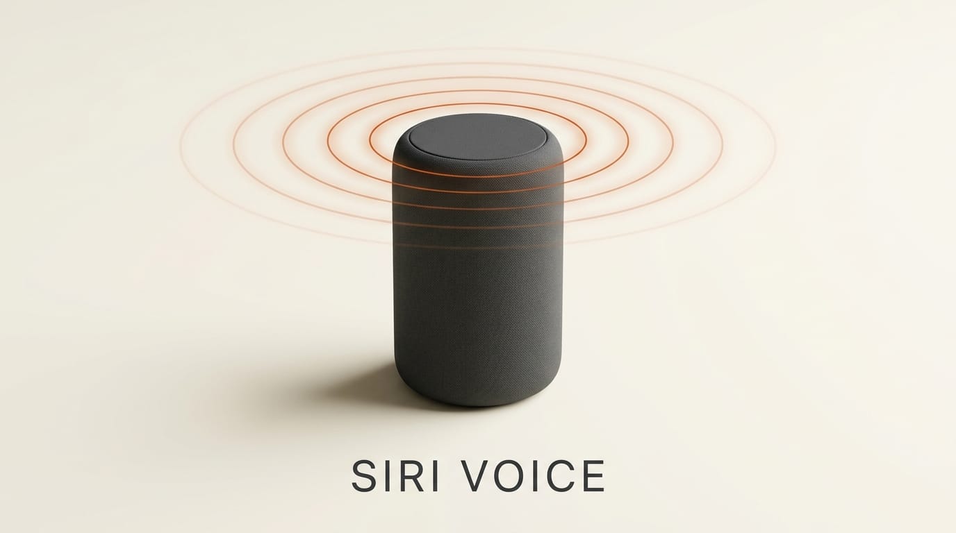 Siri Voice illustrated as a charcoal cylinder speaker with concentric brand-orange wave rings rippling outward.