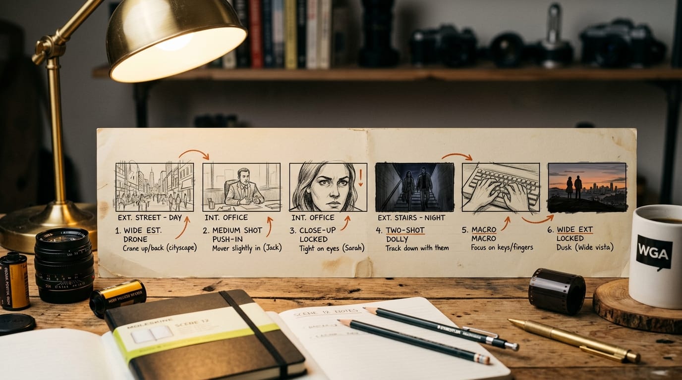 Multi-shot storyboard layout with six cuts and per-shot camera movement notes