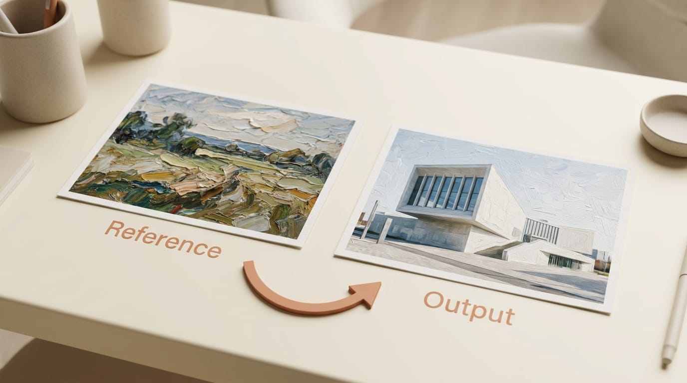 Reference image to styled output with curved arrow