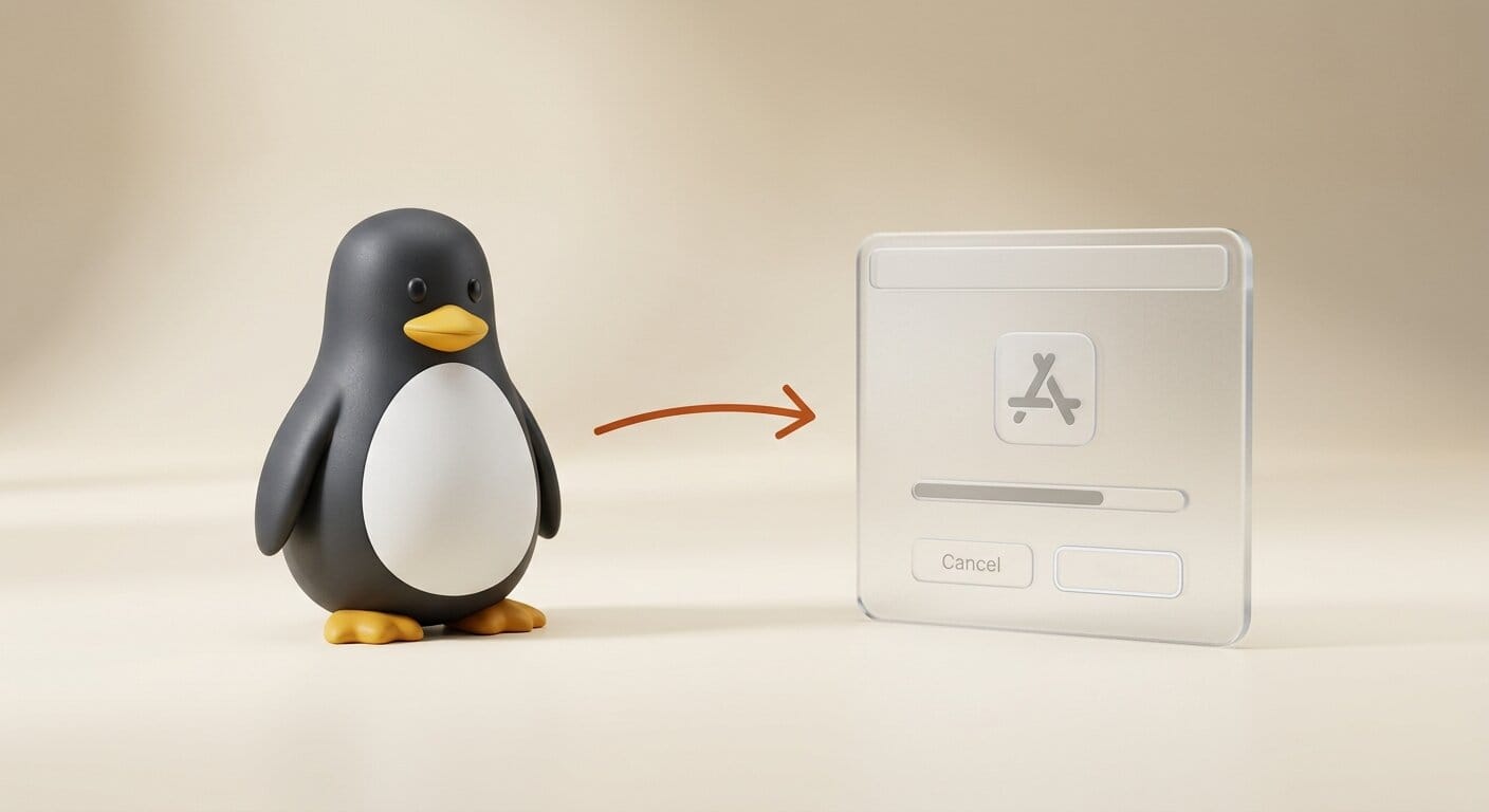 Linux penguin with software installer for Lightroom setup