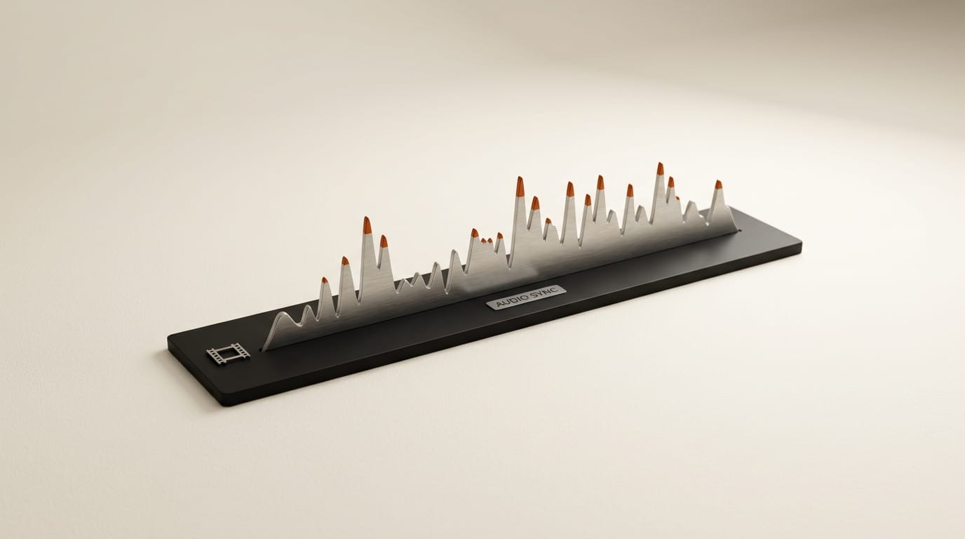 3D sound waveform sculpture with orange tips representing audio synchronization
