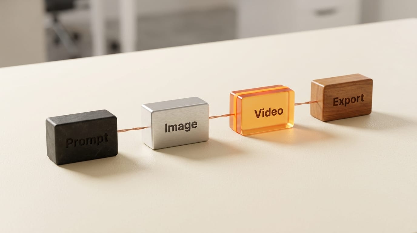 Four connected node blocks: Prompt Image Video Export pipeline