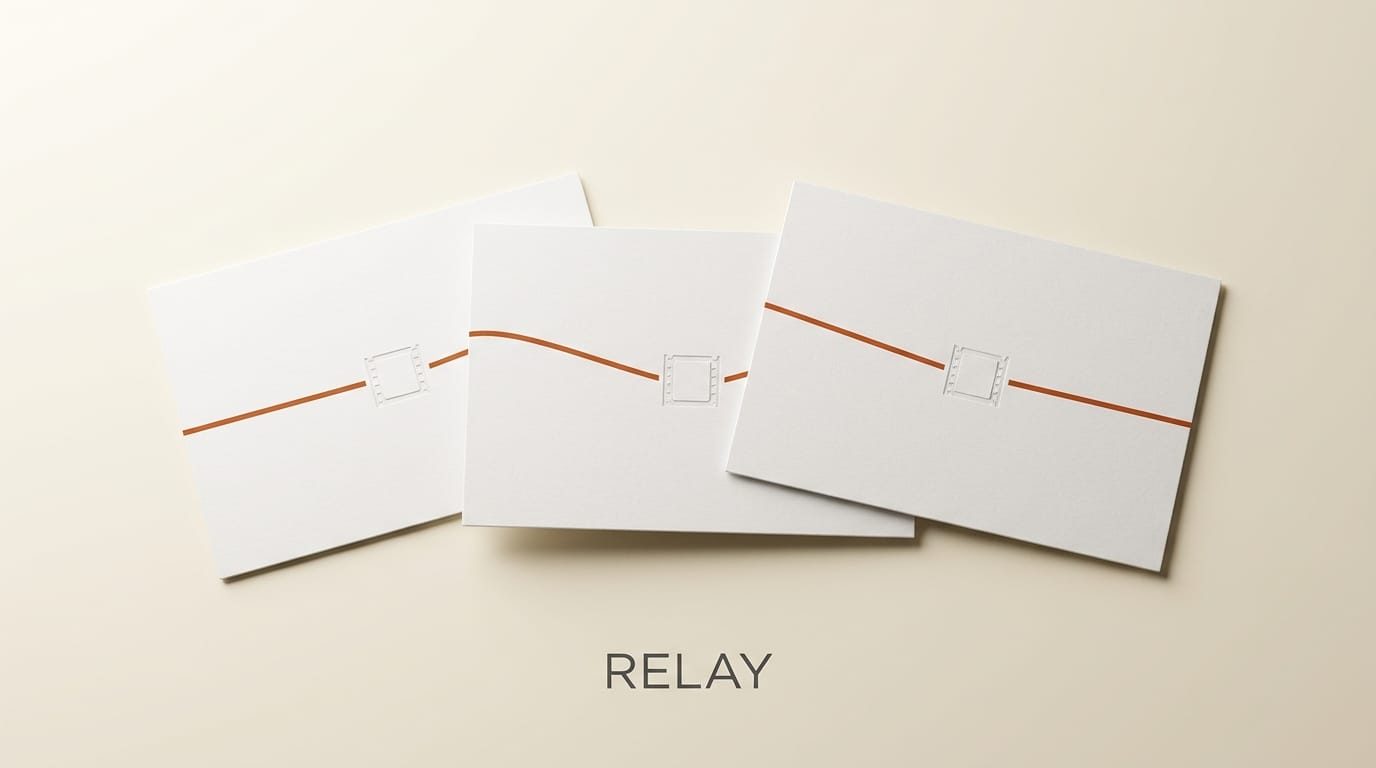 Three cards connected in relay chain representing prompt consistency across video shots