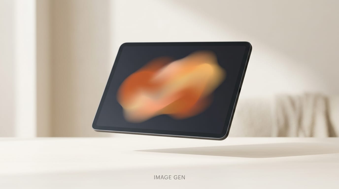 Floating charcoal tablet displaying soft warm orange abstract painting on screen: AI image generation visual concept