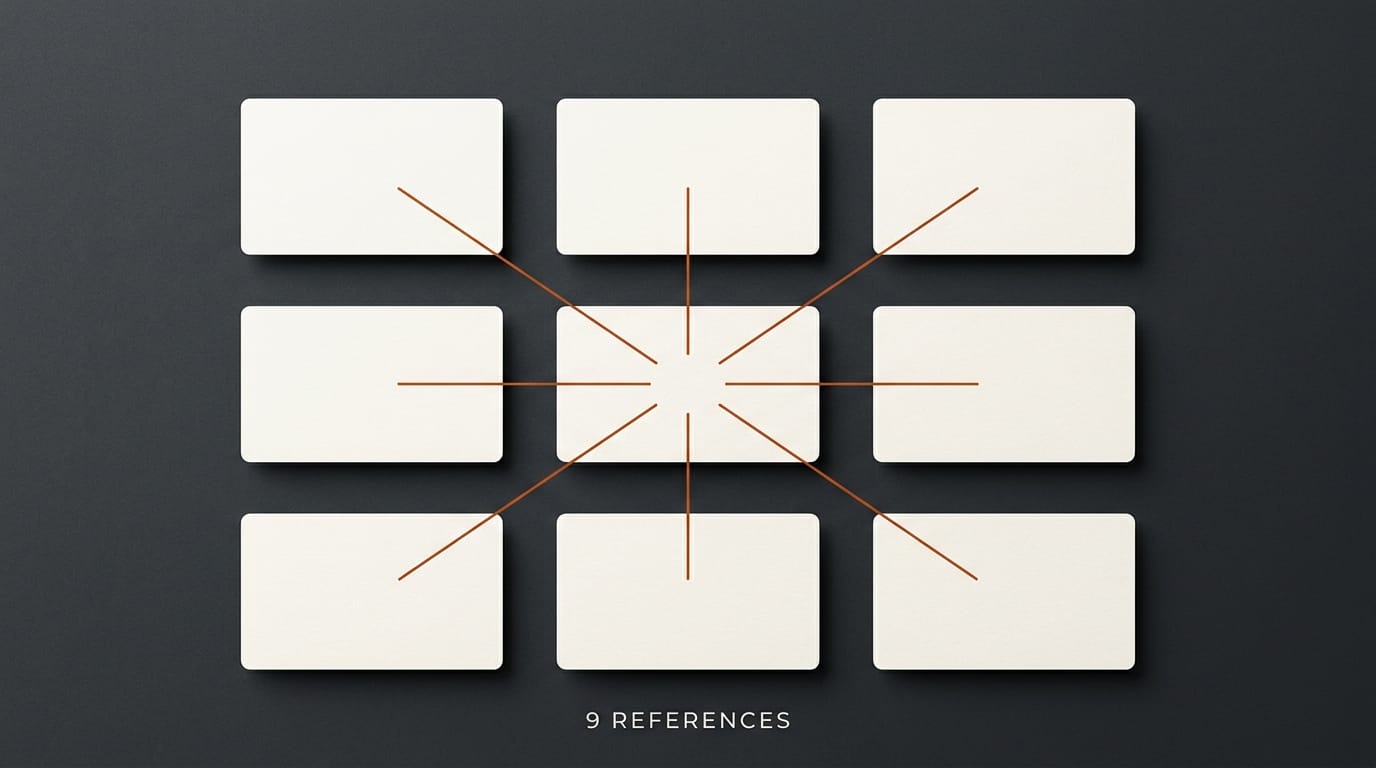 Nine ivory reference cards arranged in 3 by 3 grid on charcoal surface with orange connecting lines pointing inward: 9 reference image conditioning