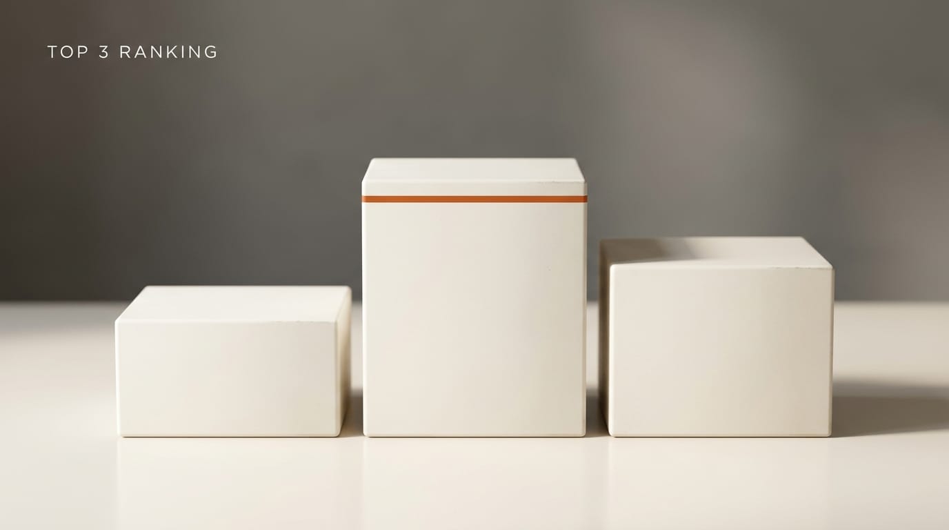 Three ivory podium blocks of different heights side by side: middle podium tallest with thin orange edge: top 3 ranking