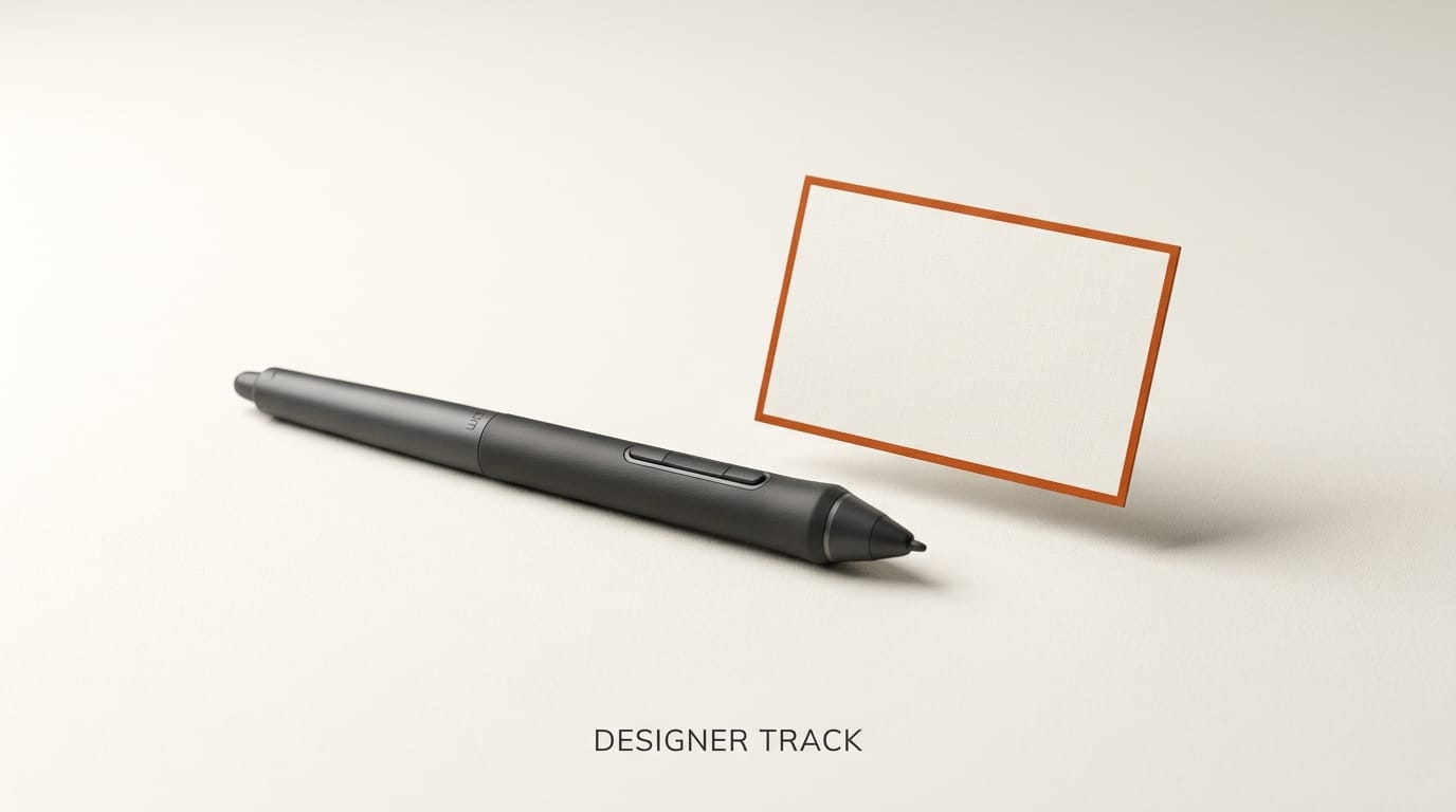 Charcoal stylus on ivory desk beside a small canvas card with orange edge: designer creator track