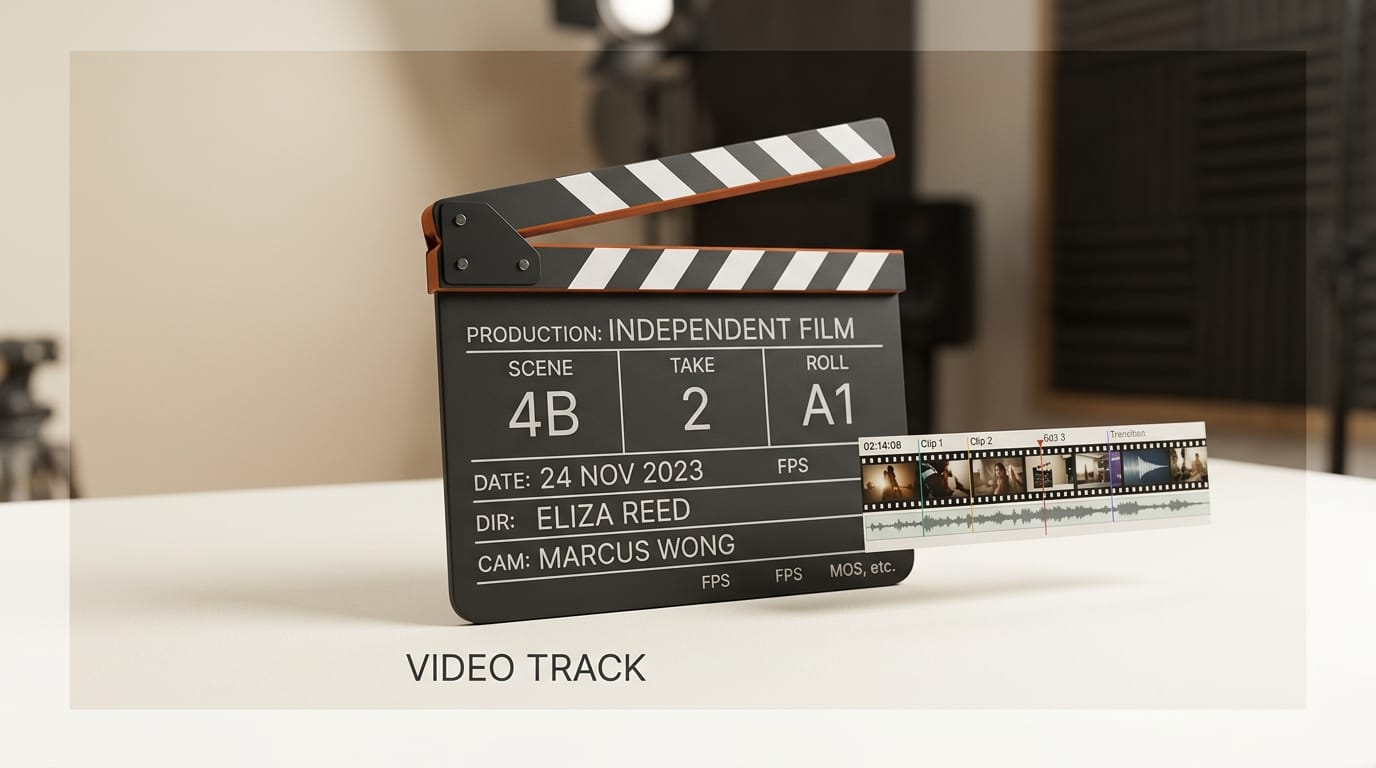 Charcoal film clapperboard with orange accent stripe: video editor creator track