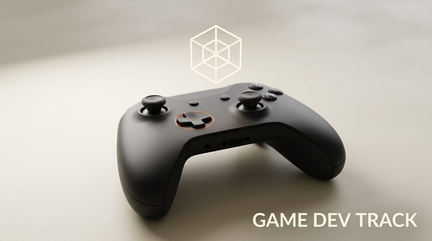 Charcoal game controller with orange D-pad accent and floating wireframe cube: game developer creator track