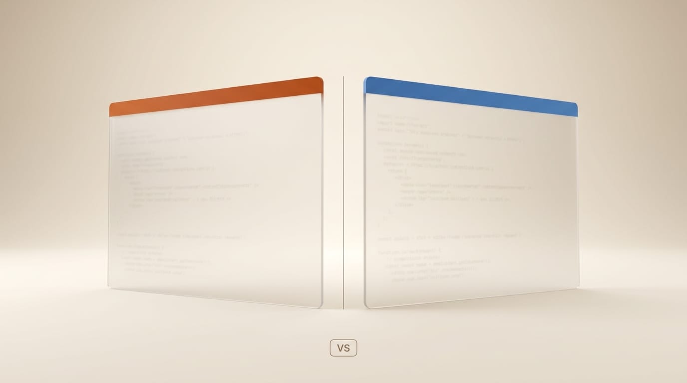 Two frosted glass terminal windows side by side representing Claude Code vs GitHub Copilot comparison