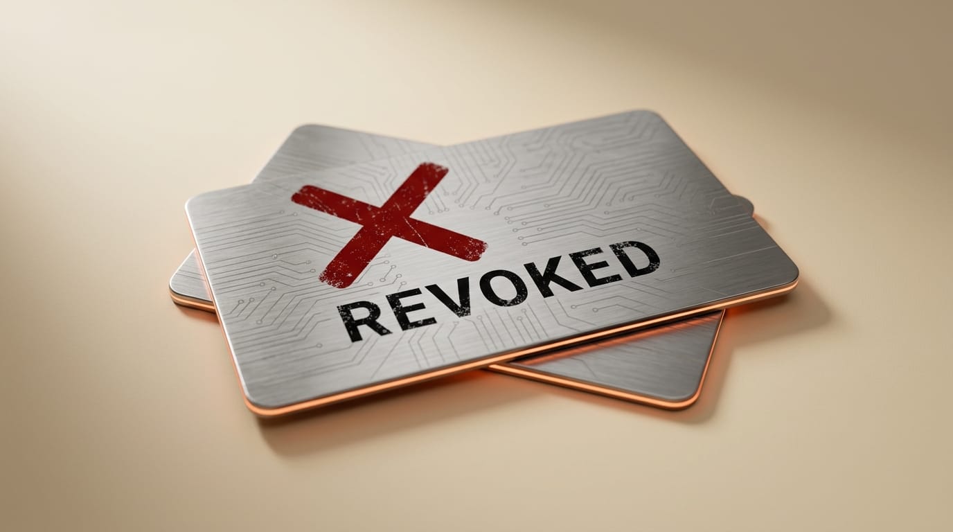 3D access card with red X stamp representing revoked Claude Code license