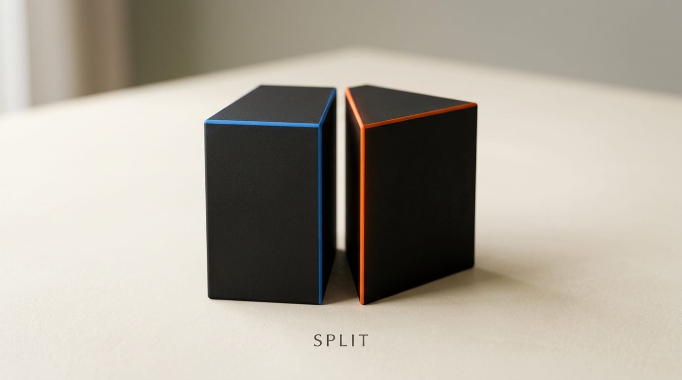 3D black block split in two halves with orange and blue edges representing market fragmentation